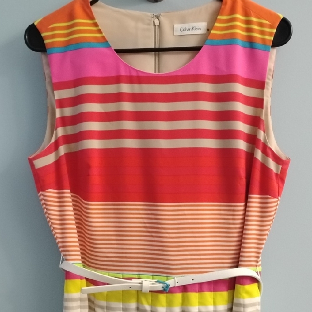⭐ Like New ⭐ Calvin Klein Multicolor Midi Striped Dress Size 10 With Accent Belt